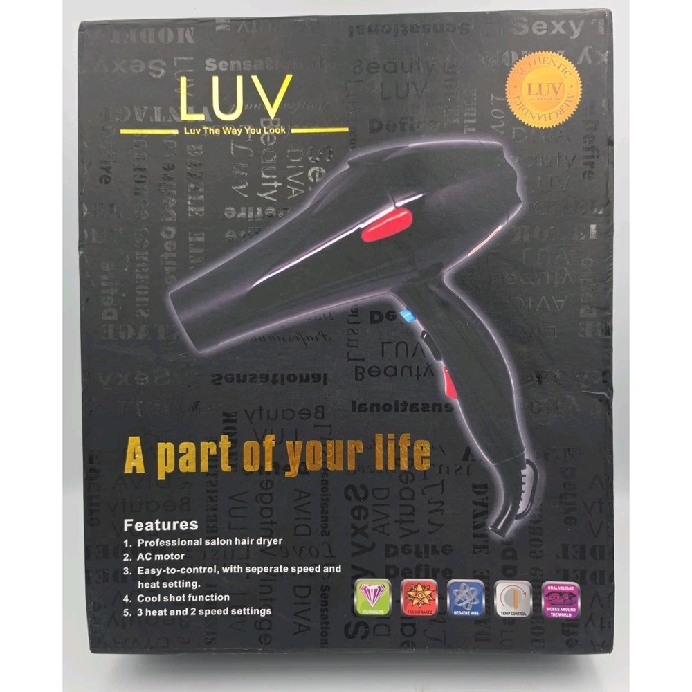 Luv Professional Tourmaline Hair Dryer Black 2000W Motor AC Dual Voltage NEW